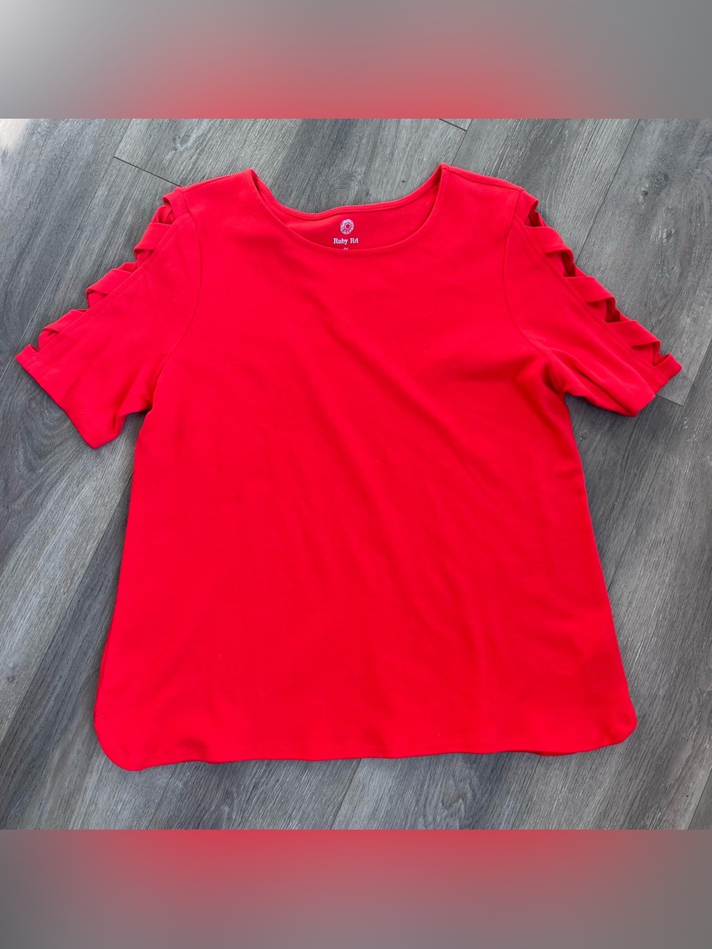 Ruby Rd Petite Large Red Criss Cross Cutout Sleeve Cotton Top